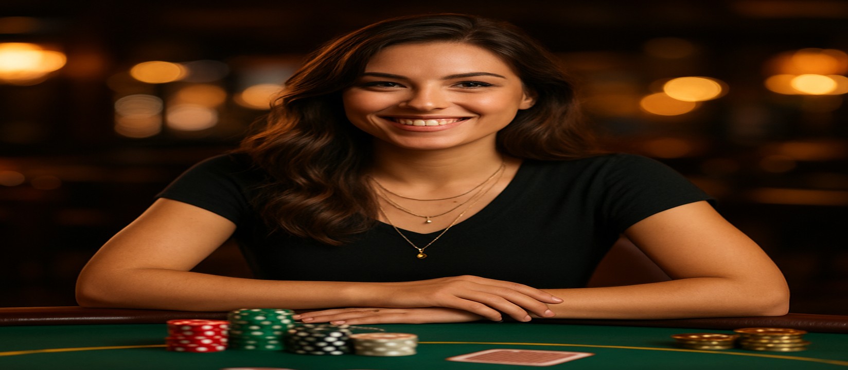 cb999 গেমিং প্ল্যাটফর্মে একটি হাসিখুশি নারী কার্ড টেবিলে বসে সামনে চিপ ও কার্ড রেখে বিস্তৃত গেমের নির্বাচন প্রস্তাব করেন