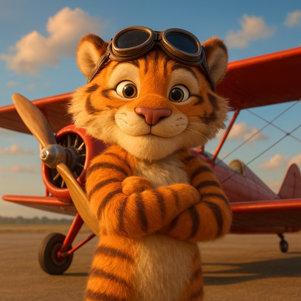 cb999-এর এভিয়েটর গেমের প্রতীকের সঙ্গে লাল বিমানের পাশে দাঁড়িয়ে থাকা একটি টাইগার পাইলট