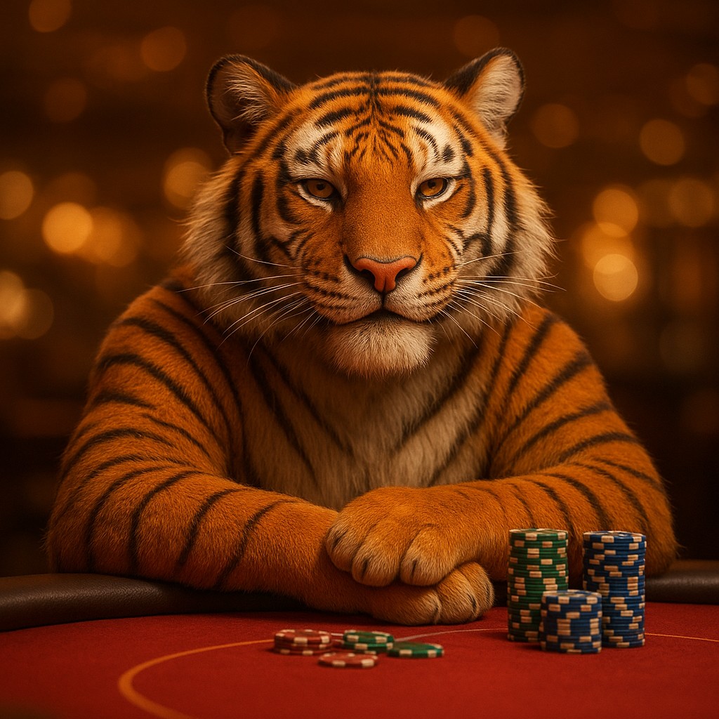 cb999 গেমিং প্ল্যাটফর্মের টেবিলে চিপস নিয়ে বসা একটি হাসিখুশি টাইগার শাবক