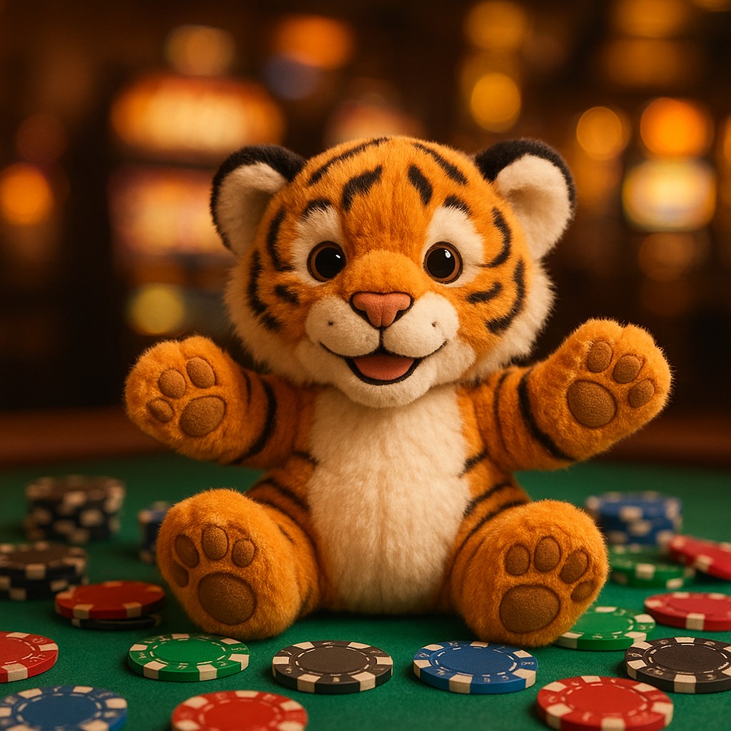 একটি ছোট বাঘের বাচ্চা টেবিলের ওপর খেলার চিপগুলোসহ বসে আছে।