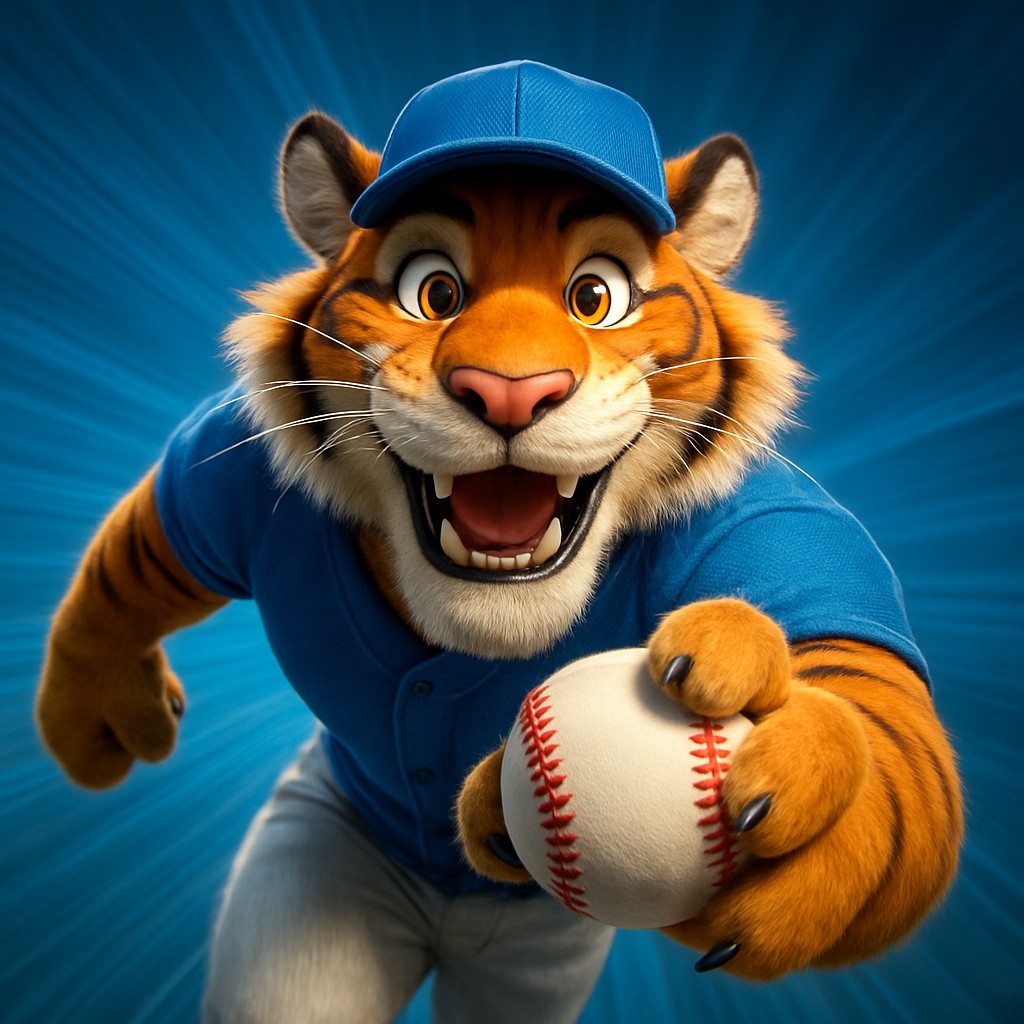 cb999 ক্রিকেট গেমিংয়ের প্রতীক হিসেবে ইউনিফর্ম পরা একটি হাসিখুশি টাইগার শাবক, হাতে বল ধরা