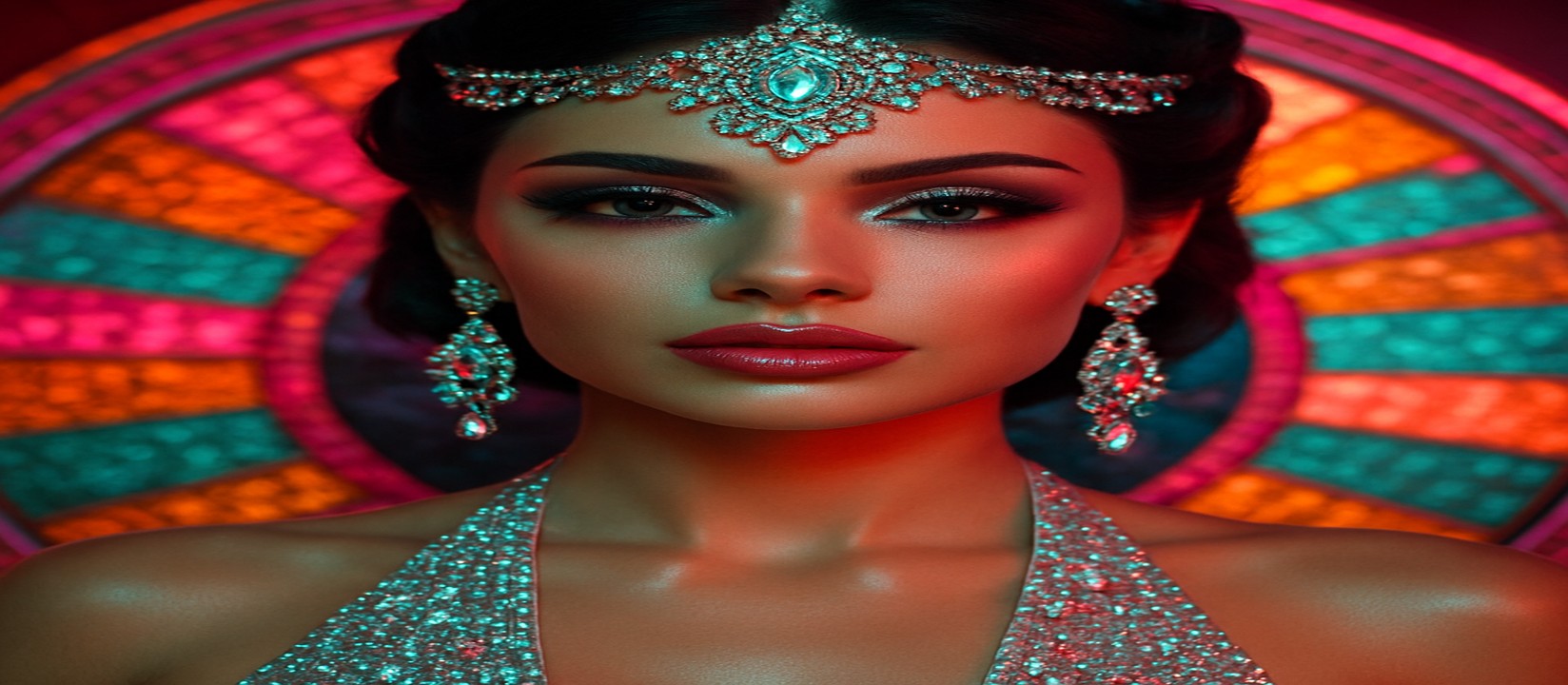 চাকার সামনে উজ্জ্বল পোশাকে এক নারী, বর্ণিল গেমিং প্ল্যাটফর্মটি দেখা