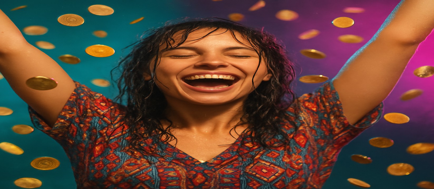 মুদ্রার ঝরনার মাঝে রঙিন পোশাকে একজন নারী